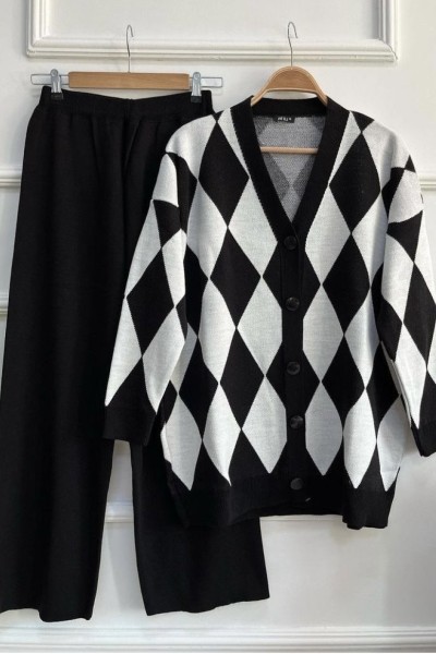 Bbc Baklava Desenli Triko Takım - Siyah Beyaz