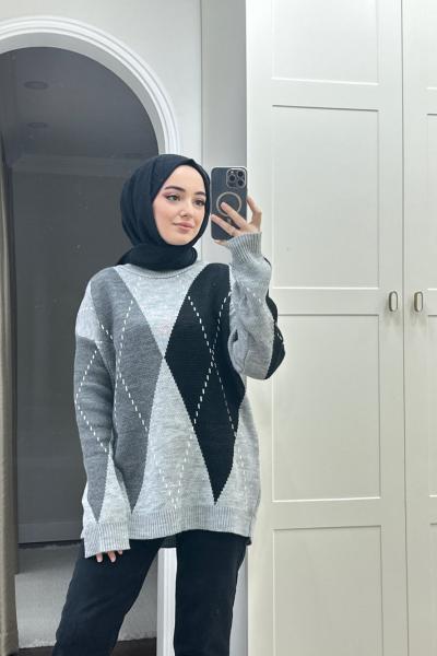 Bbc Baklava Desenli Triko Kazak - Gri