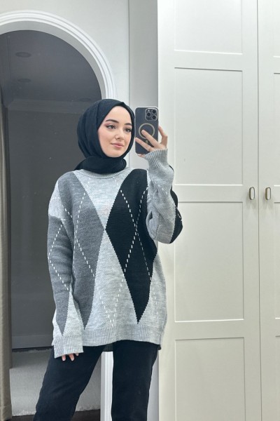 Bbc Baklava Desenli Triko Kazak - Gri