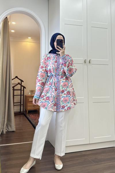 BBC ÇİÇEKLİ KETEN GÖMLEK - MAVİ