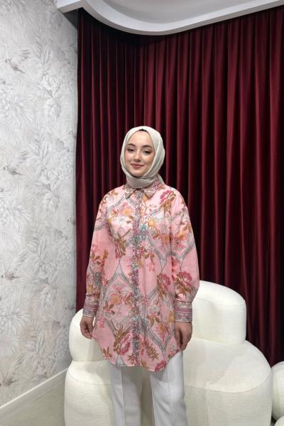 BBC ÇİÇEKLİ KETEN GÖMLEK- PEMBE