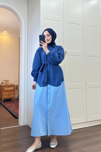 BBC ÇİFT RENKLİ POPLİN ELBİSE - LACİVERT