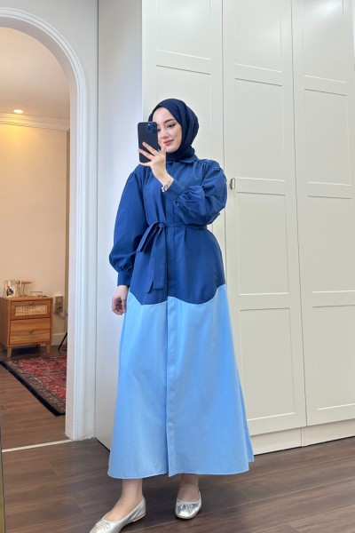 BBC ÇİFT RENKLİ POPLİN ELBİSE - LACİVERT