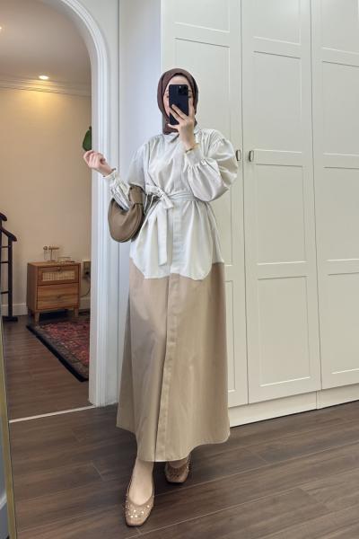 BBC ÇİFT RENKLİ POPLİN ELBİSE - BEJ