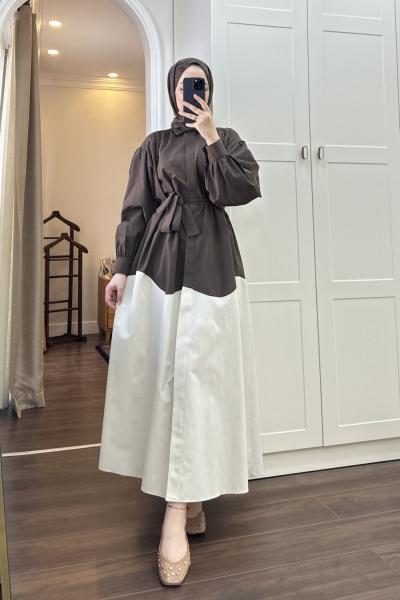 BBC ÇİFT RENKLİ POPLİN ELBİSE - KAHVERENGİ