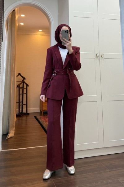 BBC ÇİFT KEMERLİ BLAZER TAKIM - BORDO