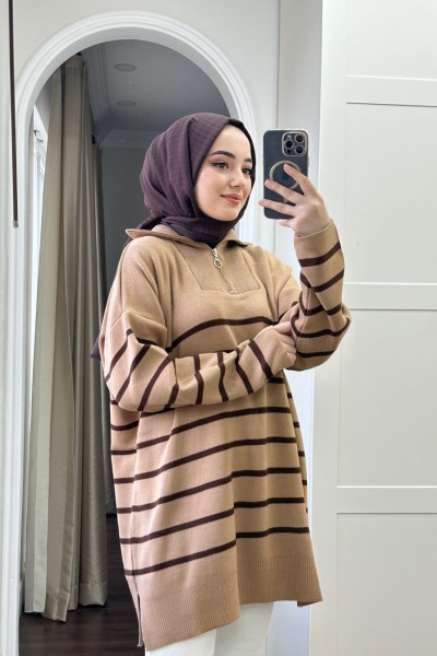 Bbc Çizgili Yumoş Kazak - Camel