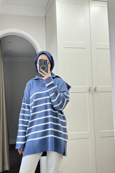 Bbc Çizgili Yumoş Kazak - İndigo