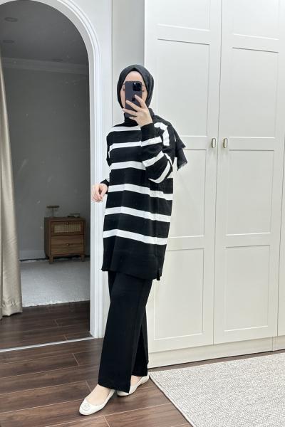 Bbc Çizgili Triko Takım - Siyah