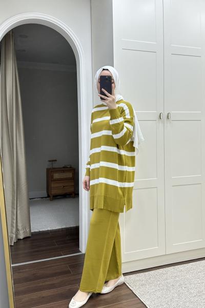 Bbc Çizgili Triko Takım - Yağ Yeşili