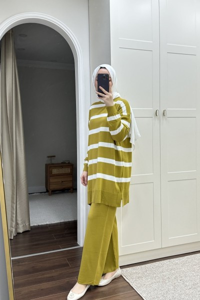 Bbc Çizgili Triko Takım - Yağ Yeşili