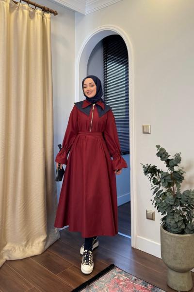 BBC DENİM YAKA DETAYLI ELBİSE - BORDO