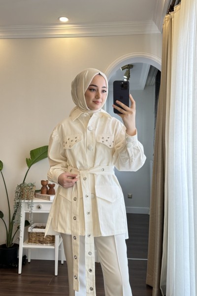 Bbc Denim Kemerli Ceket - Beyaz