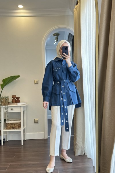 Bbc Denim Kemerli Ceket - Mavi