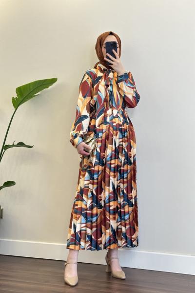 Bbc Dijital Baskılı Saten Elbise - Kiremit