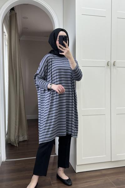 BBC GENİŞ ÇİZGİLİ TUNİK - GRİ