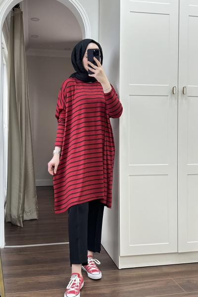 BBC GENİŞ ÇİZGİLİ TUNİK - KIRMIZI
