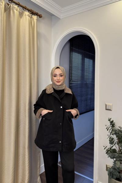 BBC KADİFE YAKA TRENÇKOT - SİYAH