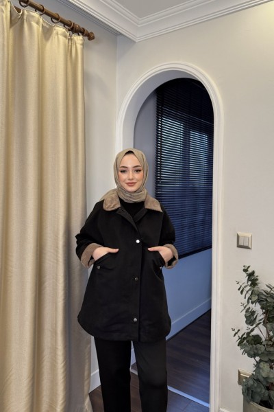 BBC KADİFE YAKA TRENÇKOT - SİYAH