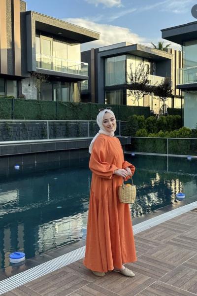 Bbc Kemerli Keten Elbise - Turuncu