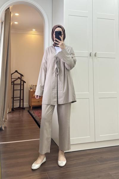 BBC KİMONOLU KETEN İKİLİ TAKIM - KAHVERENGİ