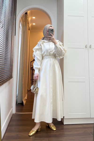 BBC KOLU VOLANLI ELBİSE - BEJ