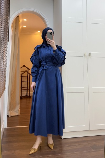 BBC KOLU VOLANLI ELBİSE - LACİVERT