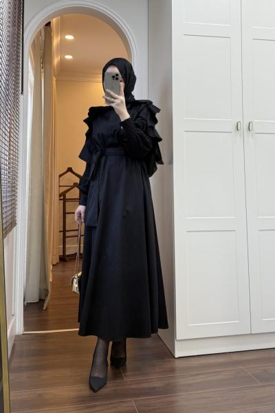 BBC KOLU VOLANLI ELBİSE - SİYAH