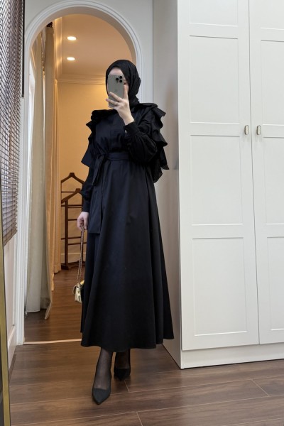 BBC KOLU VOLANLI ELBİSE - SİYAH