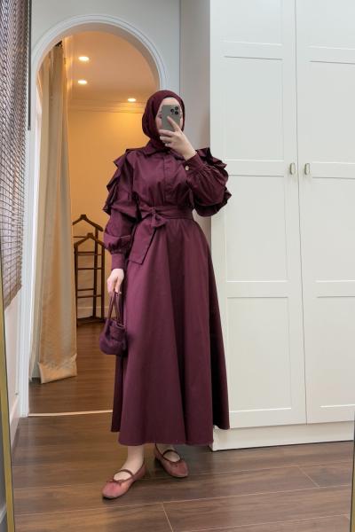 BBC KOLU VOLANLI ELBİSE - BORDO