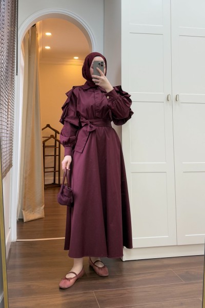 BBC KOLU VOLANLI ELBİSE - BORDO