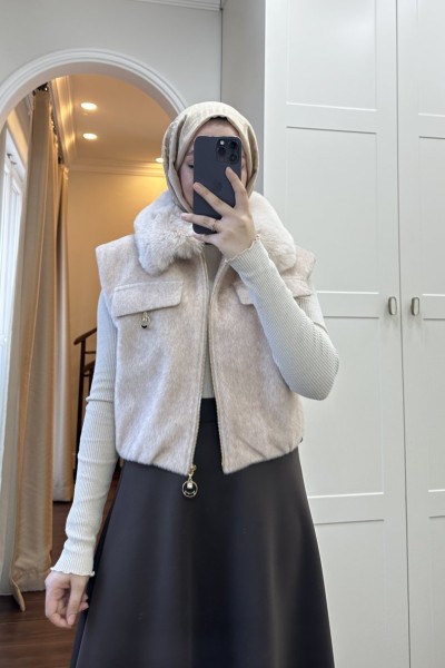 BBC KÜRK YAKA KAŞE YELEK - BEJ