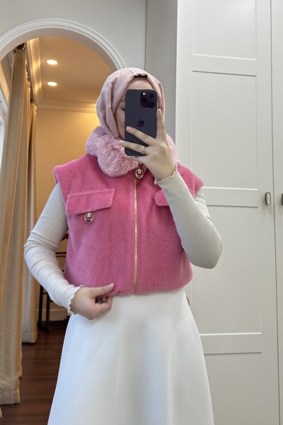 BBC KÜRK YAKA KAŞE YELEK - PEMBE
