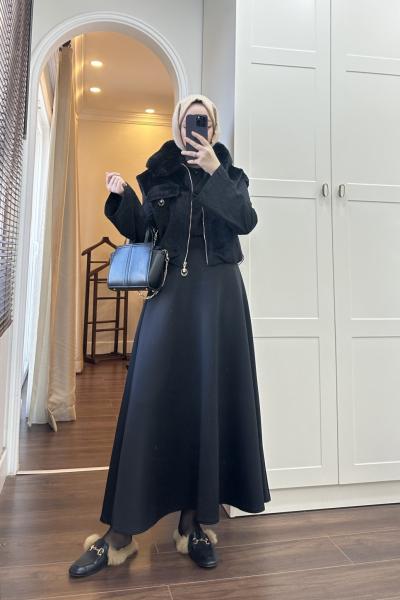 BBC KÜRK YAKA KAŞE YELEK - SİYAH