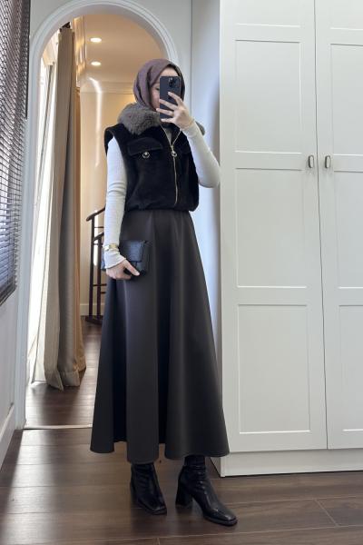 BBC KÜRK YAKA KAŞE YELEK - KAHVERENGİ