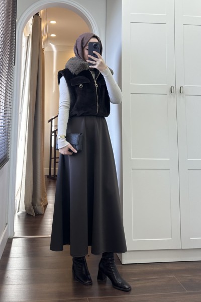 BBC KÜRK YAKA KAŞE YELEK - KAHVERENGİ