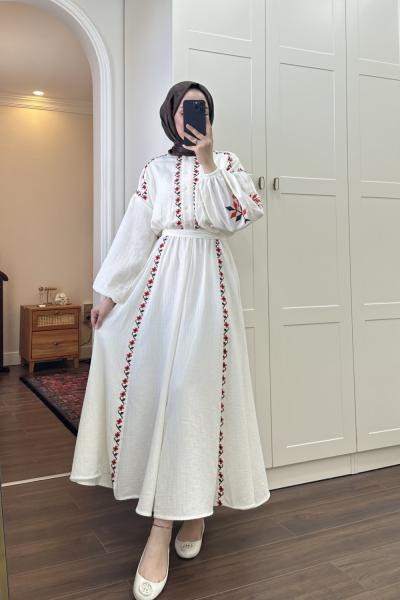 BBC NAKIŞLI KETEN ELBİSE - KIRMIZI-KAHVE