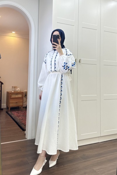 BBC NAKIŞLI KETEN ELBİSE - MAVİ-LACİVERT