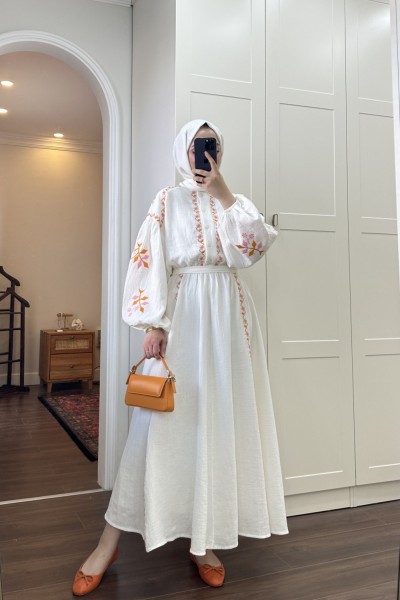 BBC NAKIŞLI KETEN ELBİSE - TURUNCU-PEMBE