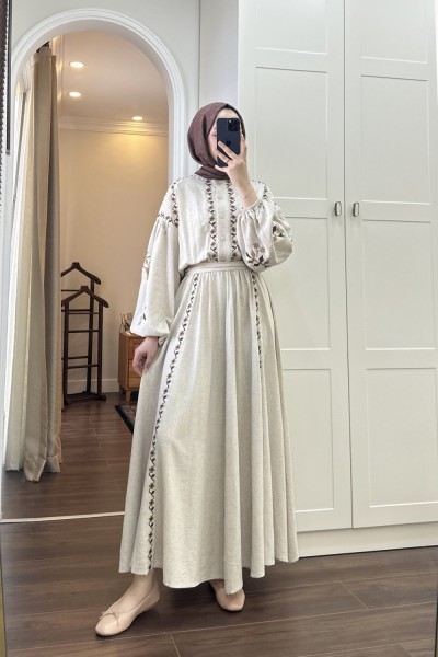 BBC NAKIŞLI KETEN ELBİSE - BEJ