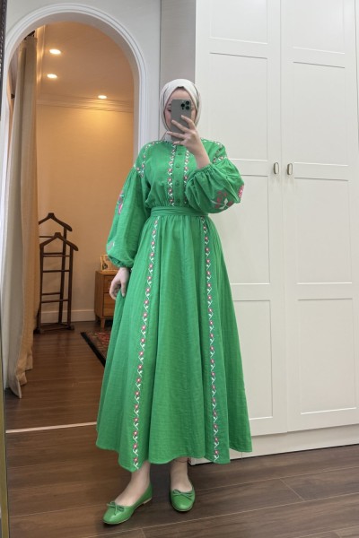 BBC NAKIŞLI KETEN ELBİSE - YEŞİL