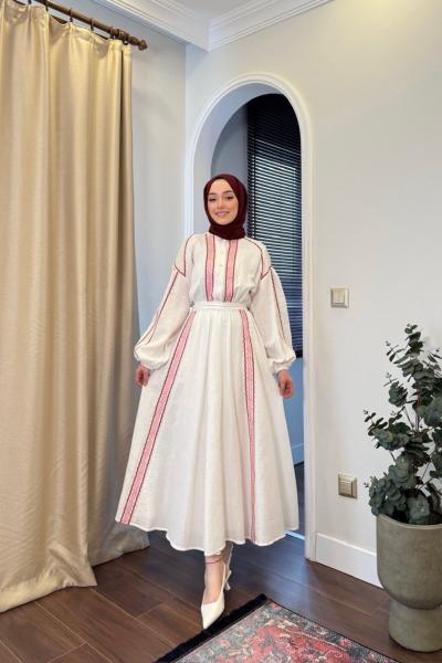 BBC NAKIŞLI MÜSLİN ELBİSE - PEMBE