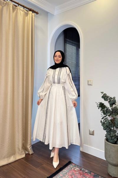 BBC NAKIŞLI MÜSLİN ELBİSE - GRİ