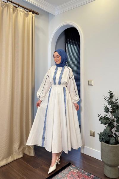 BBC NAKIŞLI MÜSLİN ELBİSE - MAVİ