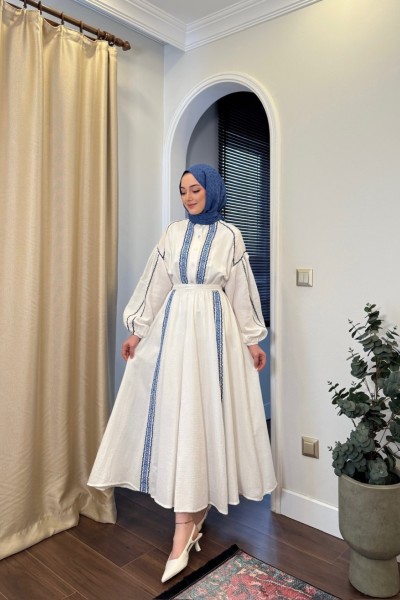 BBC NAKIŞLI MÜSLİN ELBİSE - MAVİ