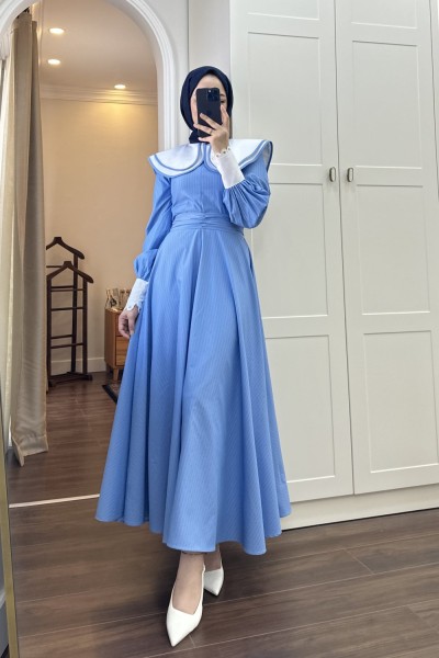 BBC ÖNLÜK YAKA ELBİSE - MAVİ