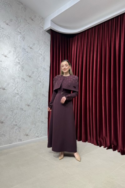 BBC PELERİNLİ ELBİSE - BORDO