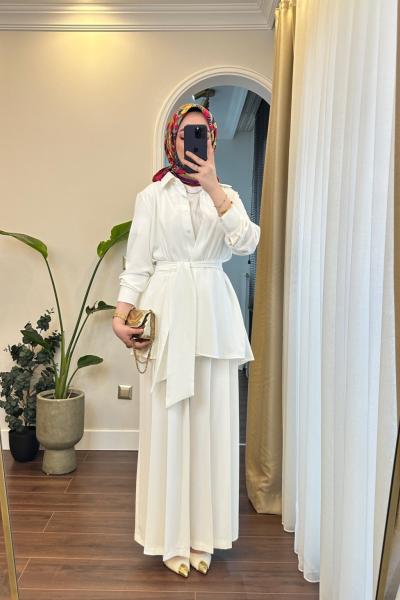 Bbc Pile Detaylı Krep İkili Takım - Beyaz