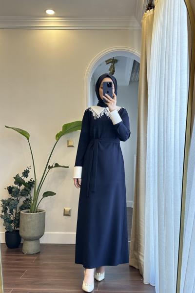 Bbc Yaka İncili Krep Elbise - Lacivert