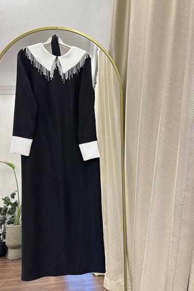 Bbc Yaka İncili Krep Elbise - Siyah